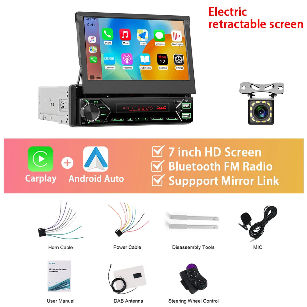 

Podofo DAB+ 1Din 7-дюймовый MP5-плеер с автоматическим/ручным выдвижным экраном, мультимедийный плеер Carplay Android Auto Type-C, автомобильная стереосистема