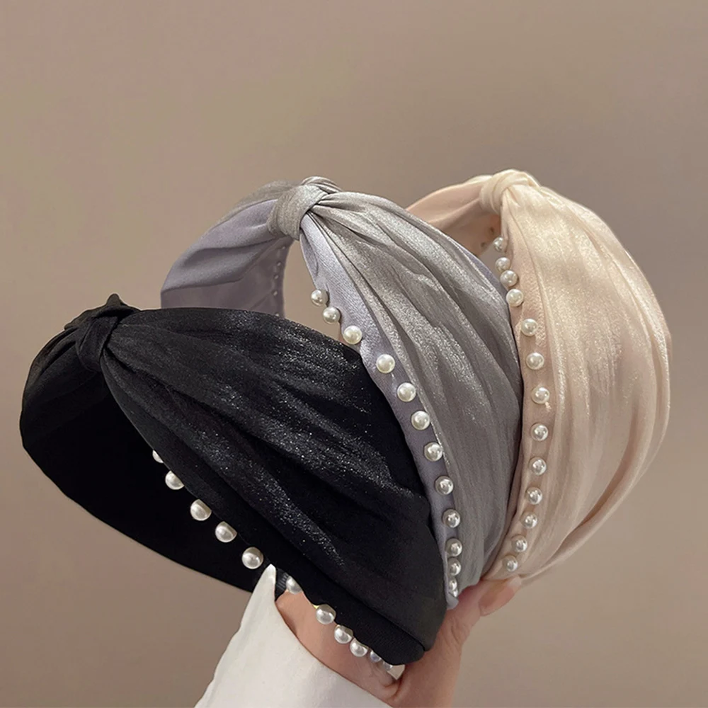 

Korean Pearl Pleated Headband Women Luxury Twist Knotted Hairbands Solid Wide Beaded Head Hoop High Skull Top Hair Hoop Sweet