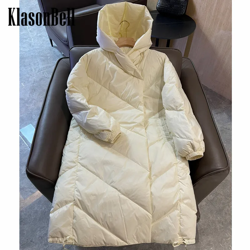 

10,11 KlasonBell Зимняя мода V-образная надпись стеганый узор Крытая пуговица капюшон плотный утепленный длинный пуховик Верхняя одежда женское пальто