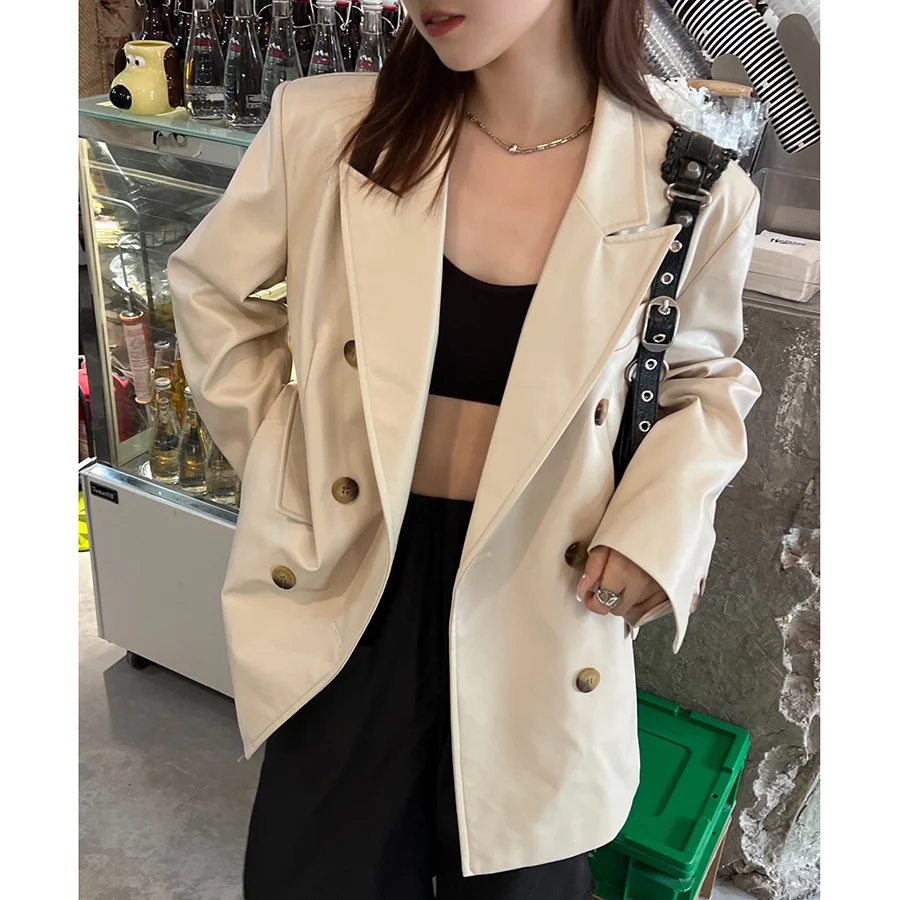 Winter 2023 New Autumn Leather Suit Jacket for Women Beige PU Leather Soft Leisure Blazers Tops
