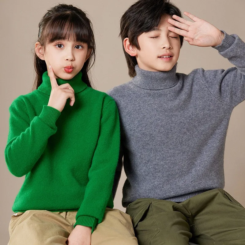 Фото Autumn and Winter New Children's Wool Knitted Bottoming Shirt High round Neck Boys and Girls Same Style Sweater Pullover In №2