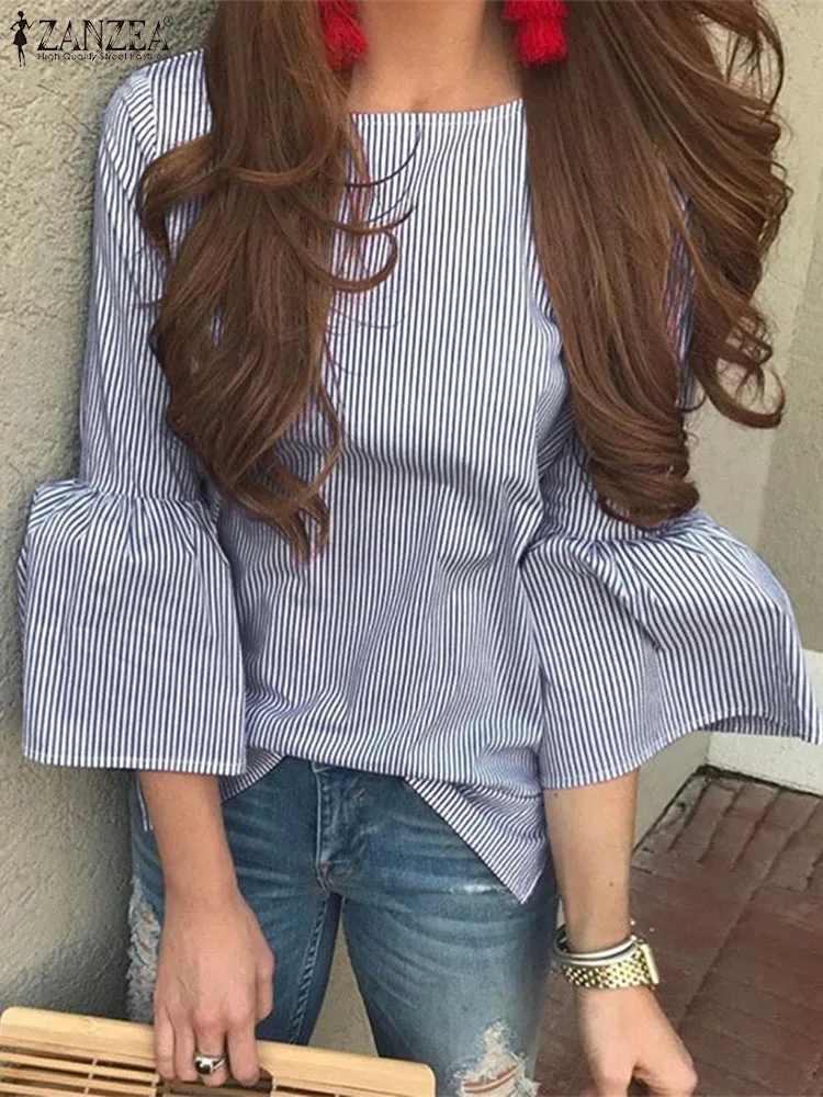 

Модные женские топы ZANZEA, повседневная полосатая блузка, элегантная летняя блузка 3/4 с расклешенными рукавами, праздничные блузки оверсайз с круглым вырезом, 2023