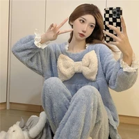autumn and winter new princess style bow trend casual all match solid color pajamas plus velvet thick thick warm pajamas