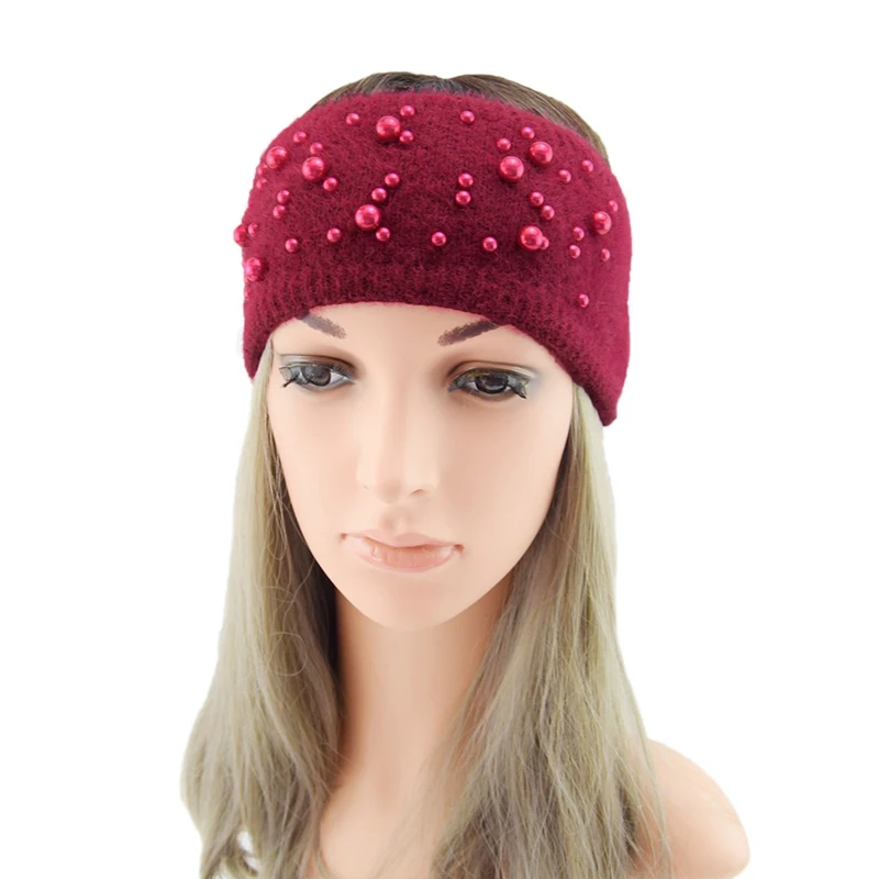

Trendy Elegant Pearls Bandanas Women Knitted Headband Wide Headwrap Warmer Ear Winter Warm Cycling Hairbands For Hair Accessorie