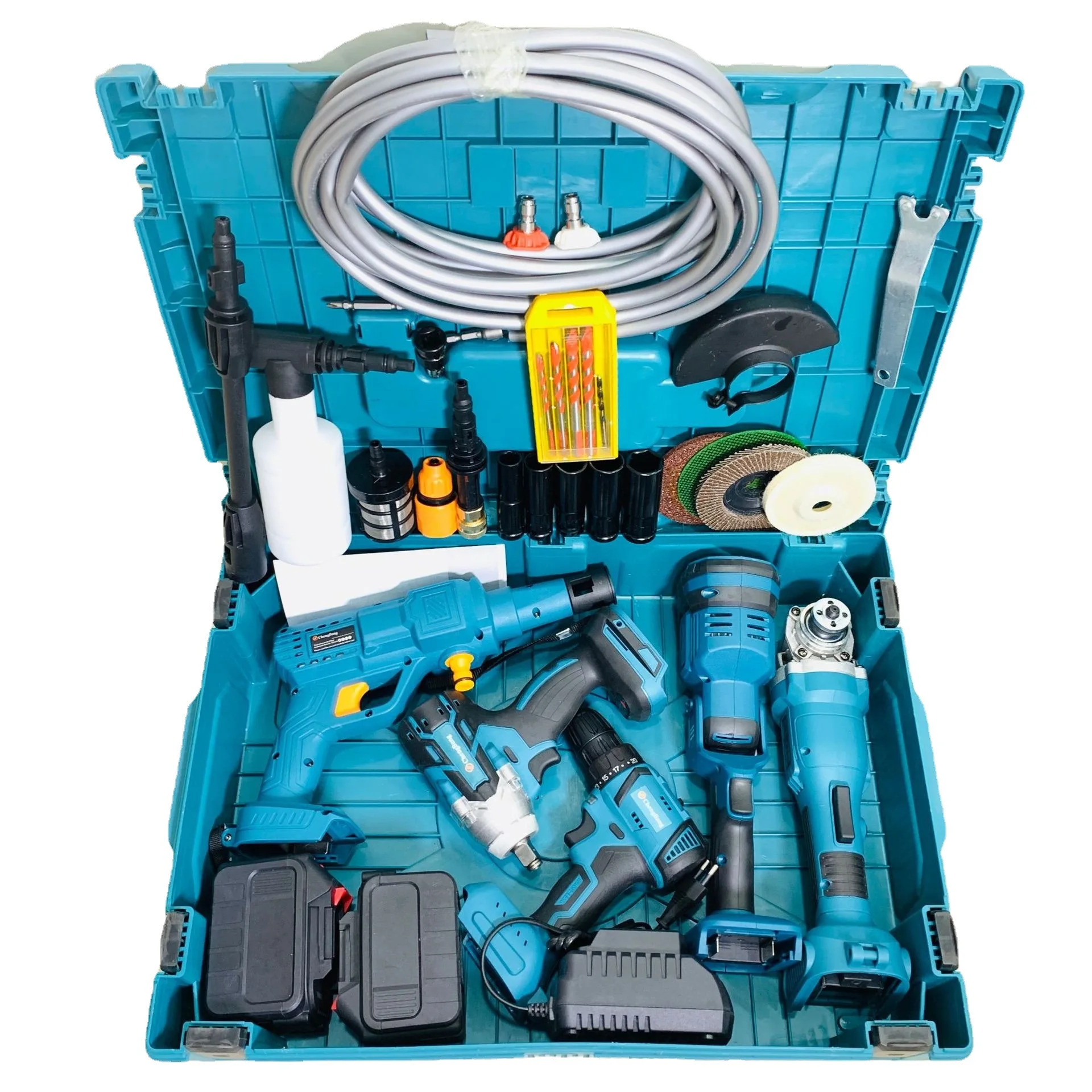 Set of 5pcs Combination Power Tool Kits Rechargeable Lithium Electric Drill Brushless Angle Grinder Cordless Wrench Car Washer