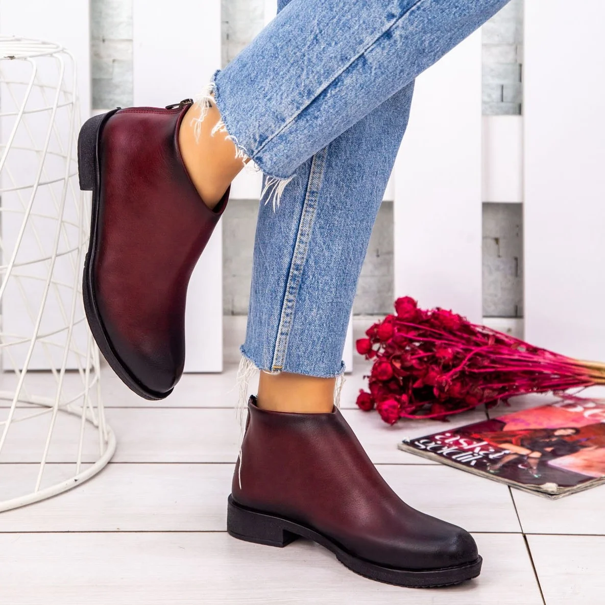 Tonar Eleta Burgundy Skin Lady Women Boots Casual and Stylish Zipper Detail