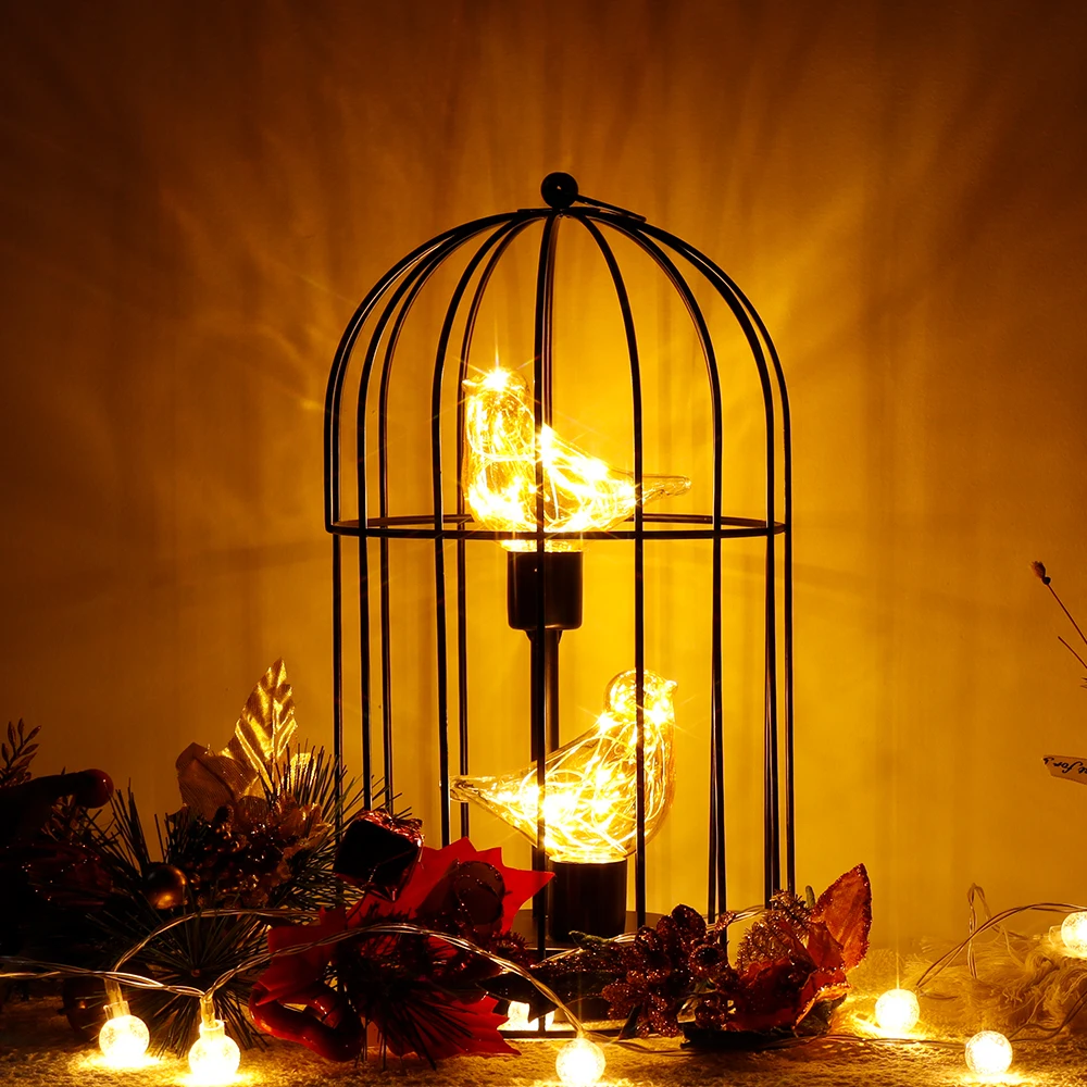 Фото Birdcage Decorative Table Lamp Battery Operated Cordless Accent Light with Warm White Fairy Lights Bird Bulb for Home Decor №3