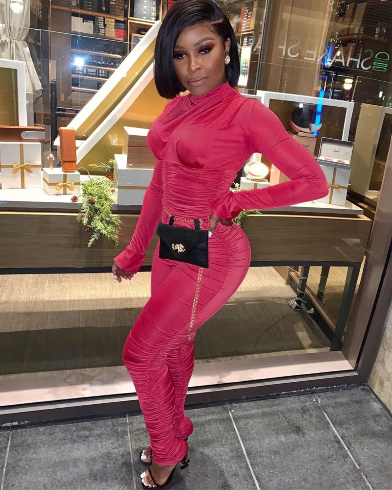 

Women New Sexy Solid Color Straight Jumpsuit Solid Color High Collar Jumpsuit Women Long Sleeve Ruched Club Jumpsuits