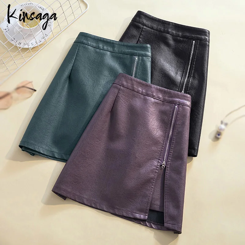 

Women Purple Pu Leather A-line Skort 4XL Fall High Elastic Waist Inside Shorts Divided Skirts Black Faux Fur Split Skirt Culotte