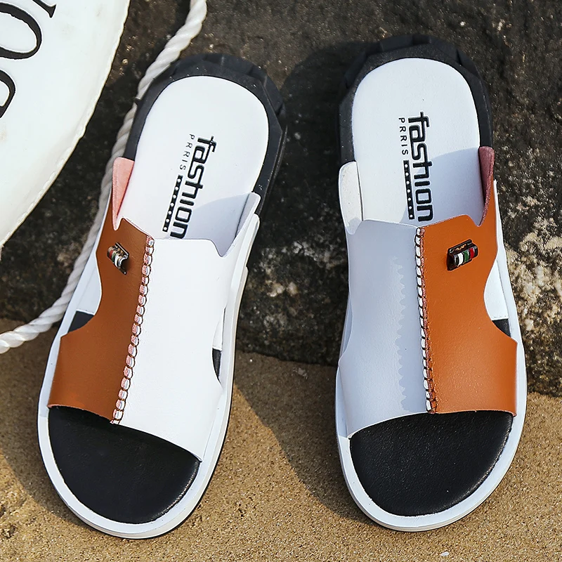 

LLUUMIU Men slippers leather designers Comfortable Slip-on Casual Sandals Fashion Men slides Original Summer beach big sizes 46