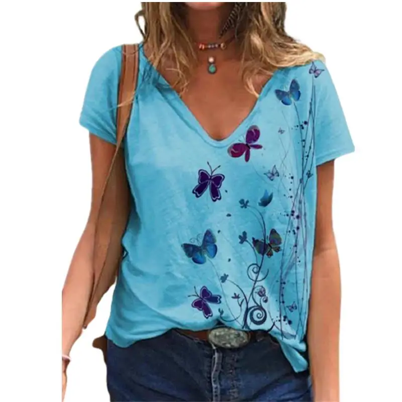 

2021 Summer T Shirt Women Short Sleeve V-Neck Butterfly Print Tops Casual Streetwear Loose Ladies Tee Plus Size Cotton Top 3XL