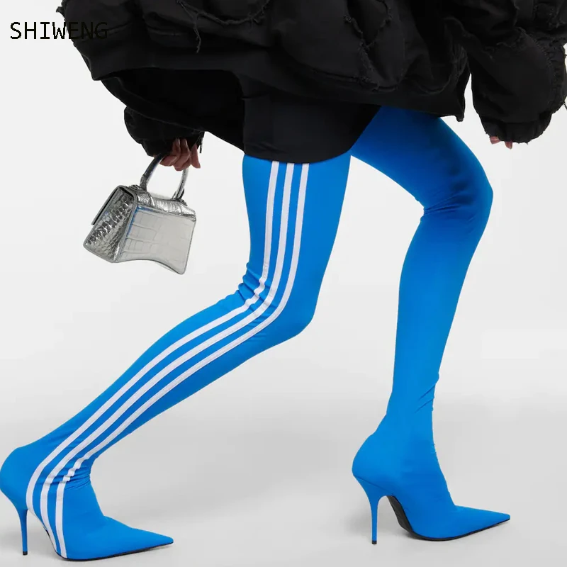 

Женские черные облегающие сапоги выше колена, высокие эластичные сапоги до бедра на высоком каблуке-шпильке, 2023