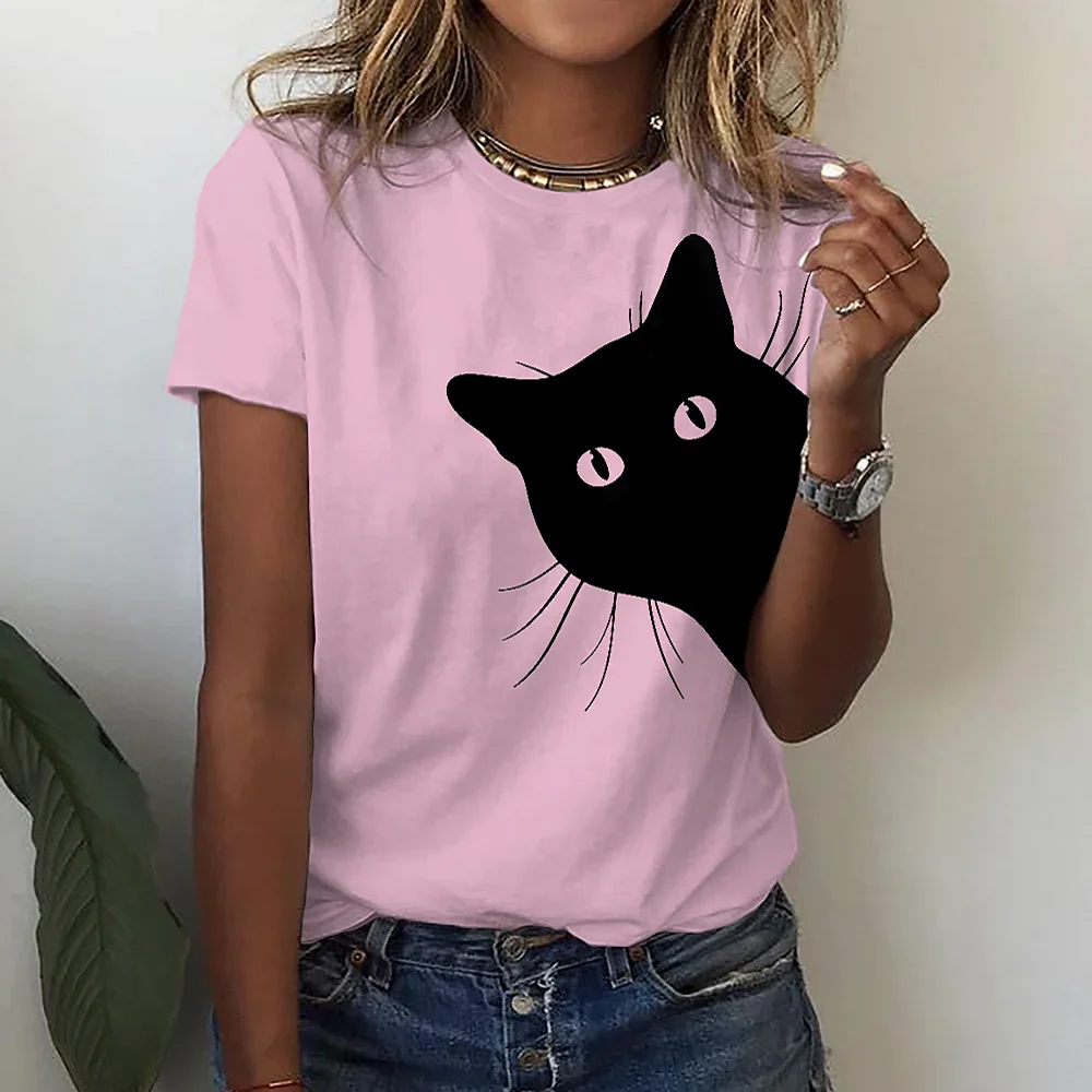

New Fashion Casual Women's Top 3D Abstract Pink Cat Print Women's T-Shirt Regular Short Sleeve