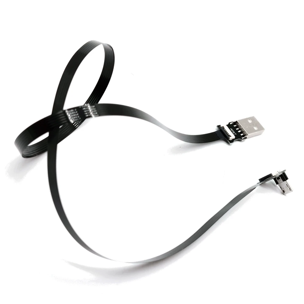 Фото Гибкий плоский кабель FFC PCB 5-100 см USB2.0 с угловым разъемом Micro USB (штекер) для передачи данных и зарядки, с возможностью подключения влево, вправо, вверх, вниз №1