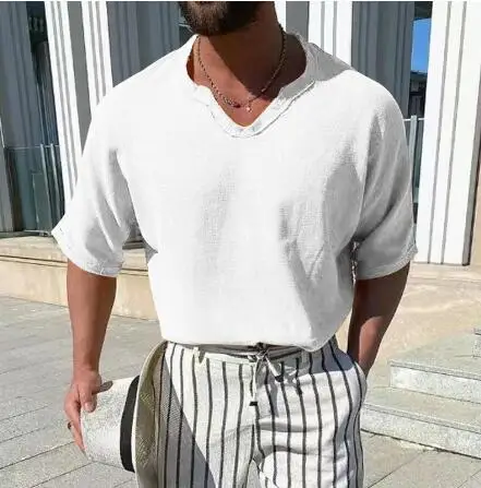 

summer men's new solid color cotton and linen V-neck t-shirt short-sleeved tops