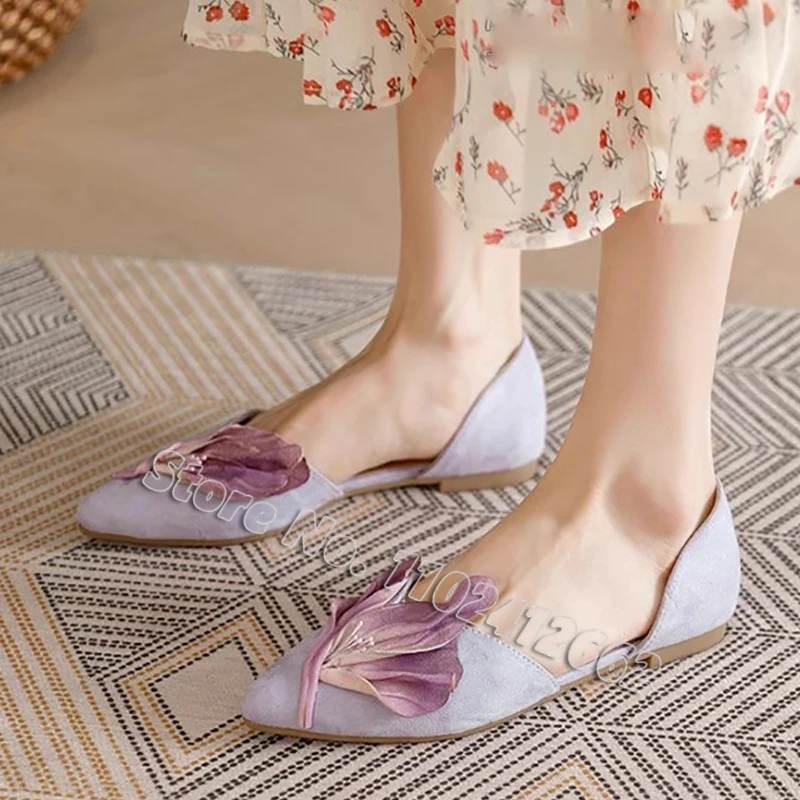 Pointed Toe Petals Flat Shoes Purple Simulation Flower Elegant Lady Retro Pumps Shallow Ballet Shoes Sweet Fairy Women Sandals