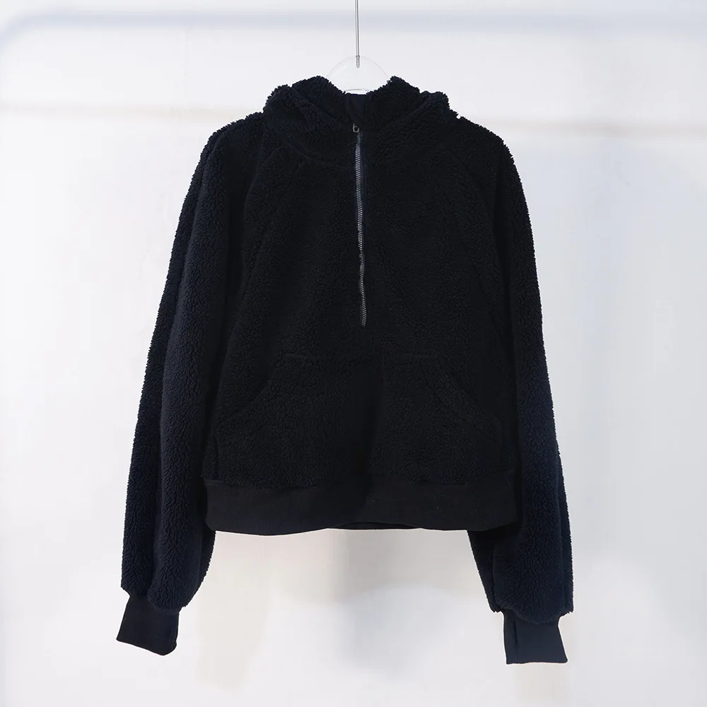 LuluWomen Velvet Hoodies Jacket Autumn Winter Scuba Half Zipper Sweatshirt Lamb Wool Thick Thermal Outdoor Sports Yoga Bodysuit