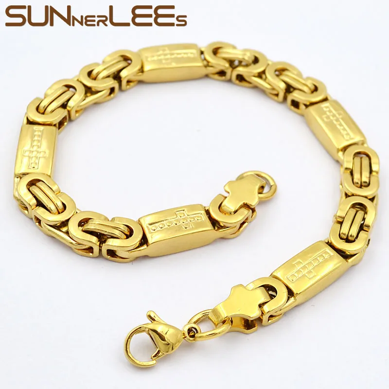 

SUNNERLEES ювелирные изделия браслет из нержавеющей стали 6 мм ~ 11 мм Серебряный цвет позолоченная коробка крест Византийская цепь для мужчин жен...