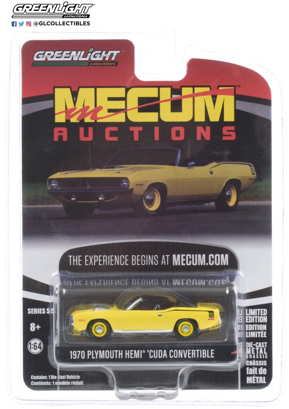 

Модель автомобиля GreenLight из литого под давлением, масштаб 1/64, игрушки Mecum 1970, Plymouth HEMI Cuda, трансформер, литый под давлением металлический автом...