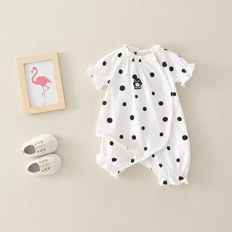 

Детский летний комбинезон в горошек, с круглым вырезом и коротким рукавом