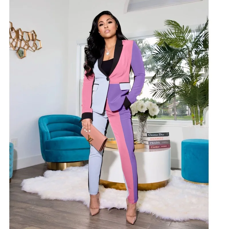 Contrast Colors Blazer Suit 2 Piece Set Women Single Button Street Blazers Pencil Pants Set High Waist Office Commute Pant Suits