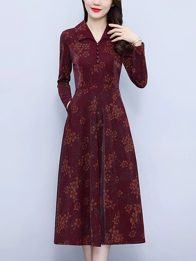 

Женское трикотажное платье средней длины, повседневное элегантное винтажное красное платье с длинным рукавом и цветочным принтом, одежда в Корейском стиле для выпускного вечера, осень 2023
