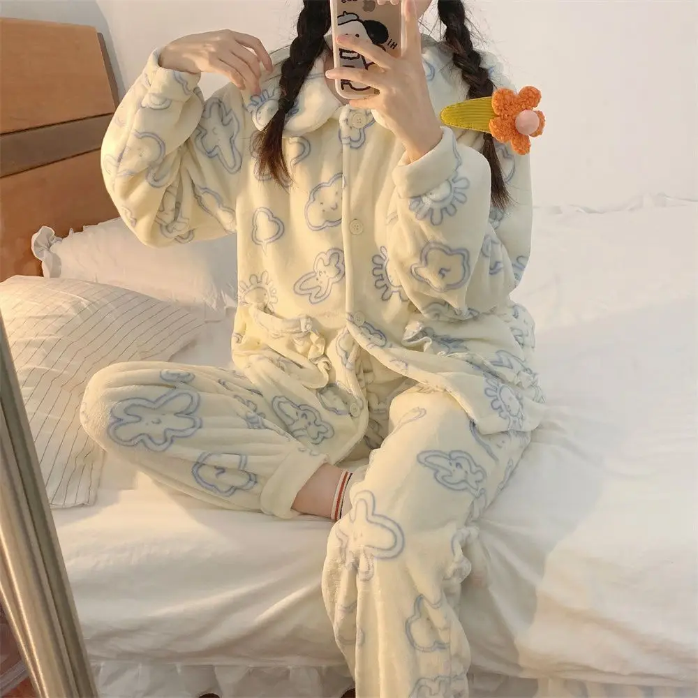 Yasuk Autumn Winter Cute Women's Casual Lovely Sweet Girl Warm Soft Sleepwear Loose Pajamas With Pants Cloud Velvet Simple