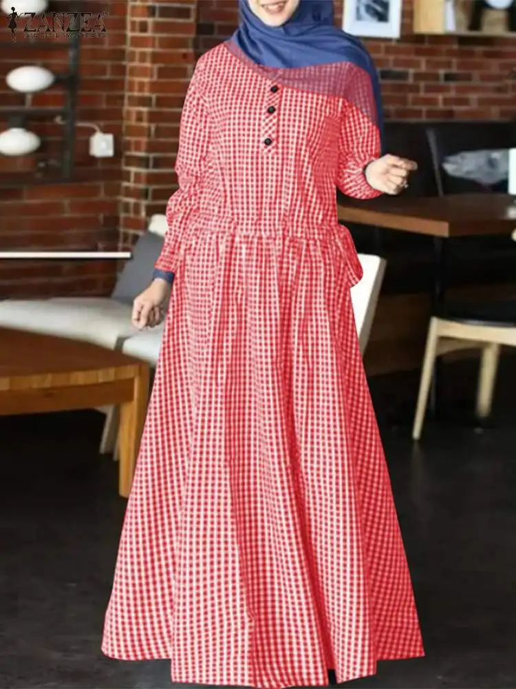 

ZANZEA Spring Women Muslim Dress Grid Printed Full Sleeve O-Neck Sundress Fashion Casual Elegant Abaya Kaftan Maxi Long Vestido