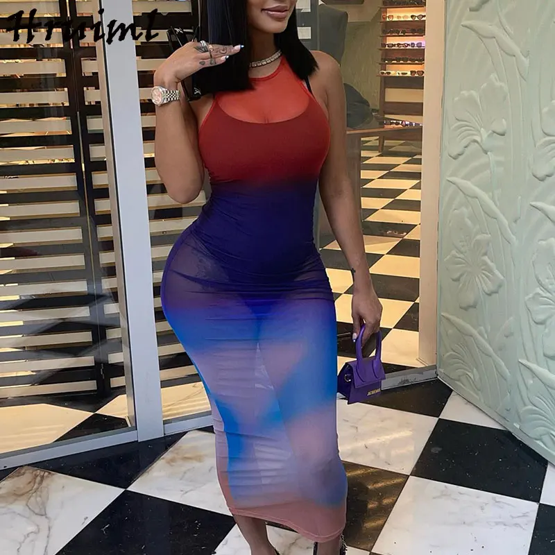 

Bodycon Dress for Women Summer New Fashion Skinny Spaghetti Strap Sleeveless Maxi Dresses Sexy Mesh Print Party Club Sundress