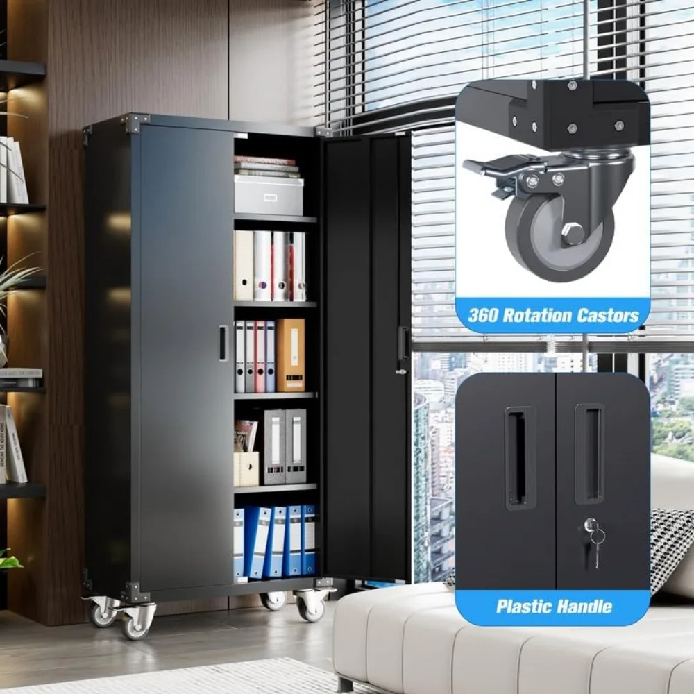 Гаражный шкаф для хранения на колесах металлический H 72 дюйма с 2 дверцами и 4