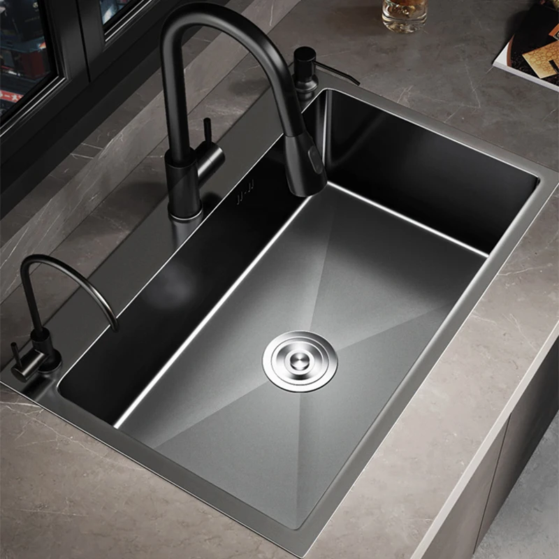 

3 Holes 304 Stainless Steel Topmount Kitchen Sink Single Bowl Dark Black-Gray Wash Basin For Home Fixture Drain Accessories