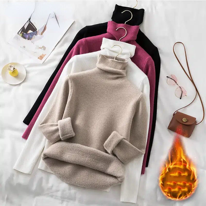 

Turtleneck Sweater Top Plus Velvet Thick Knitted Bottoming Shirt Women's Long-sleeved Autumn and Winter Warmth Drop Shipping