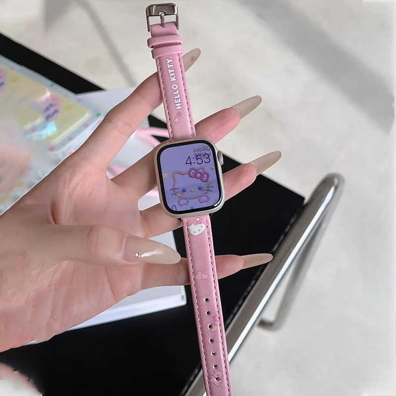 Тонкий кожаный ремешок Hello Kitty для Apple Watch 38/40/41 мм 42/44/45/49