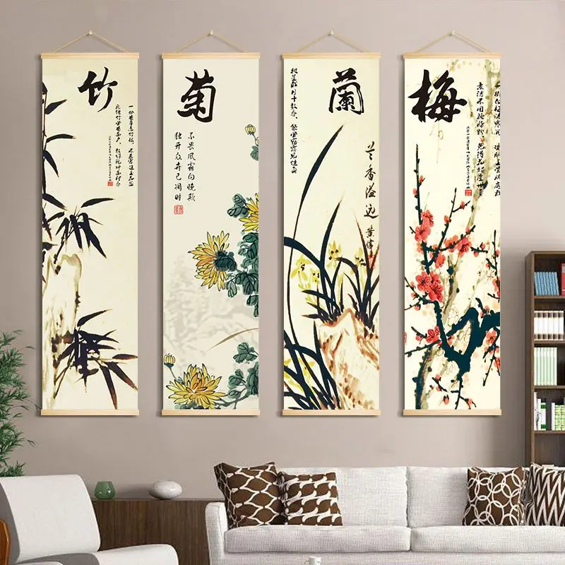 

Chinese Style Hanging Pictures Without Punching Living Room Dining Room Decorative Painting Vintage Scroll Painting Canvas Art