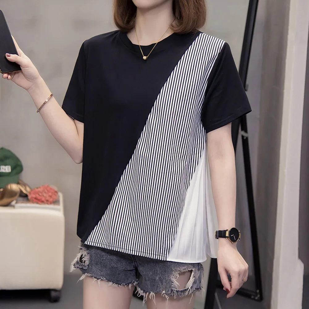 

2022 Summer Korean Loose T-shirt Women Casual Striped Patchwork Short Sleeve XL-4XL T-shirt Female Loose Tees Tops 50-90KG