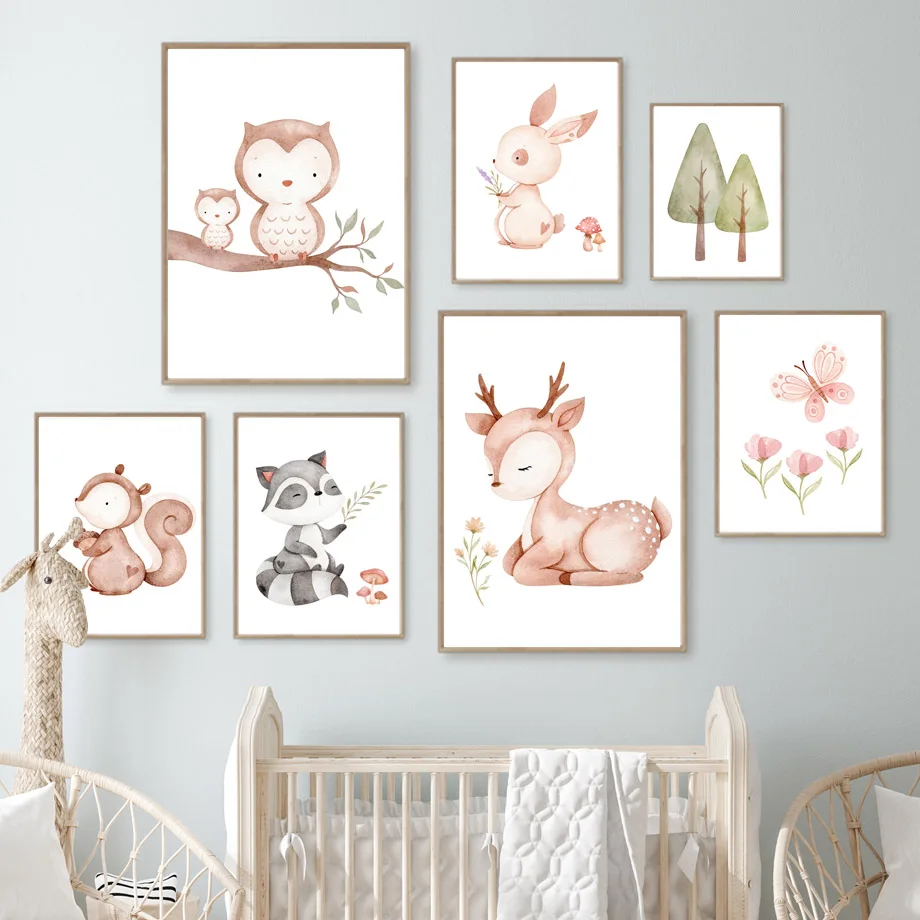 

Deer Owl Rabbit Raccoon Squirrel Butterfly Posters And Prints Wall Art Canvas Painting Art Mural Pictures Baby Bedroom Decor