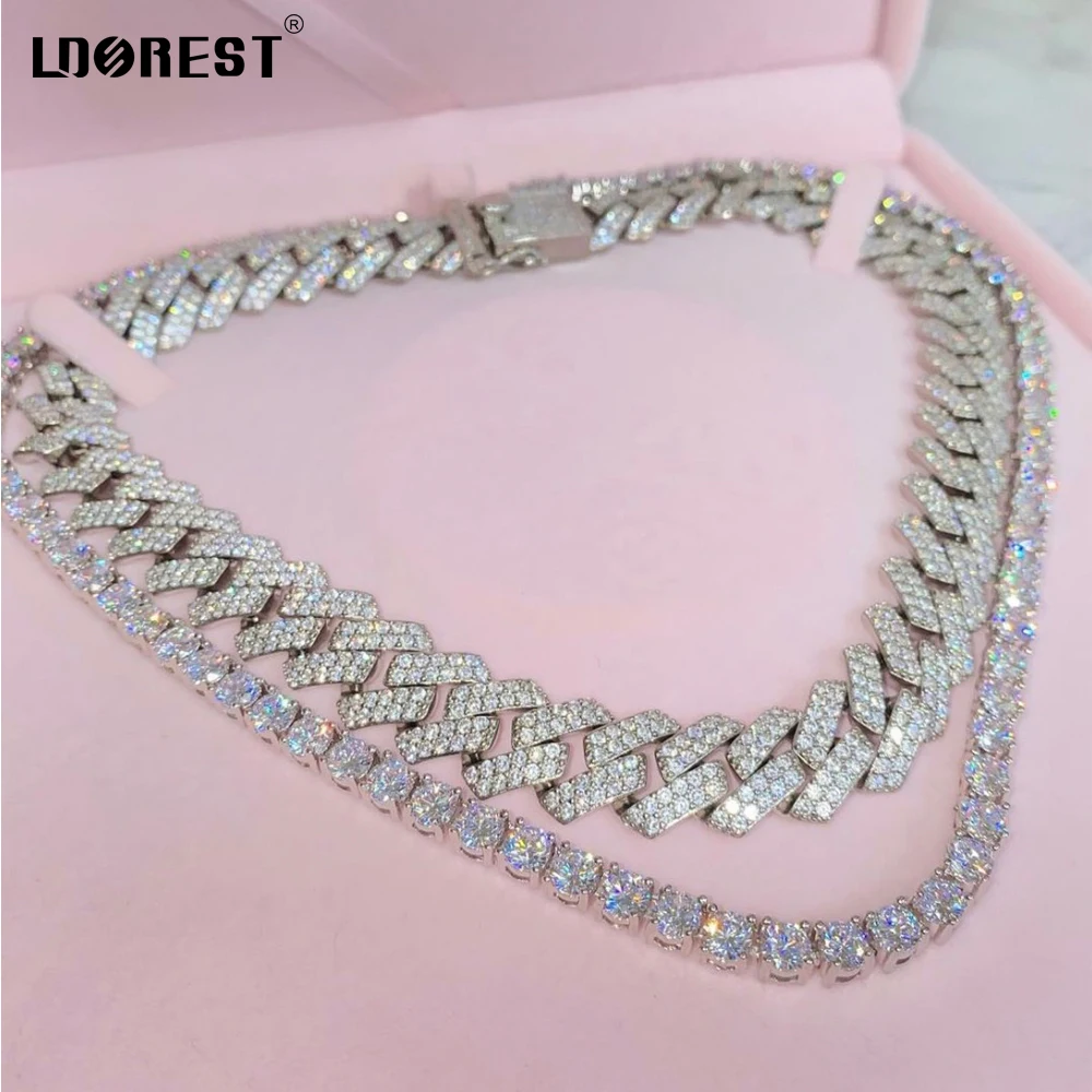 

Silver Color Iced Out Bling 12MM Rhombus Cuban Link Chain Men Women Hiphop 2 Row Prong Cuban Chain Choker Necklaces Gift Jewelry