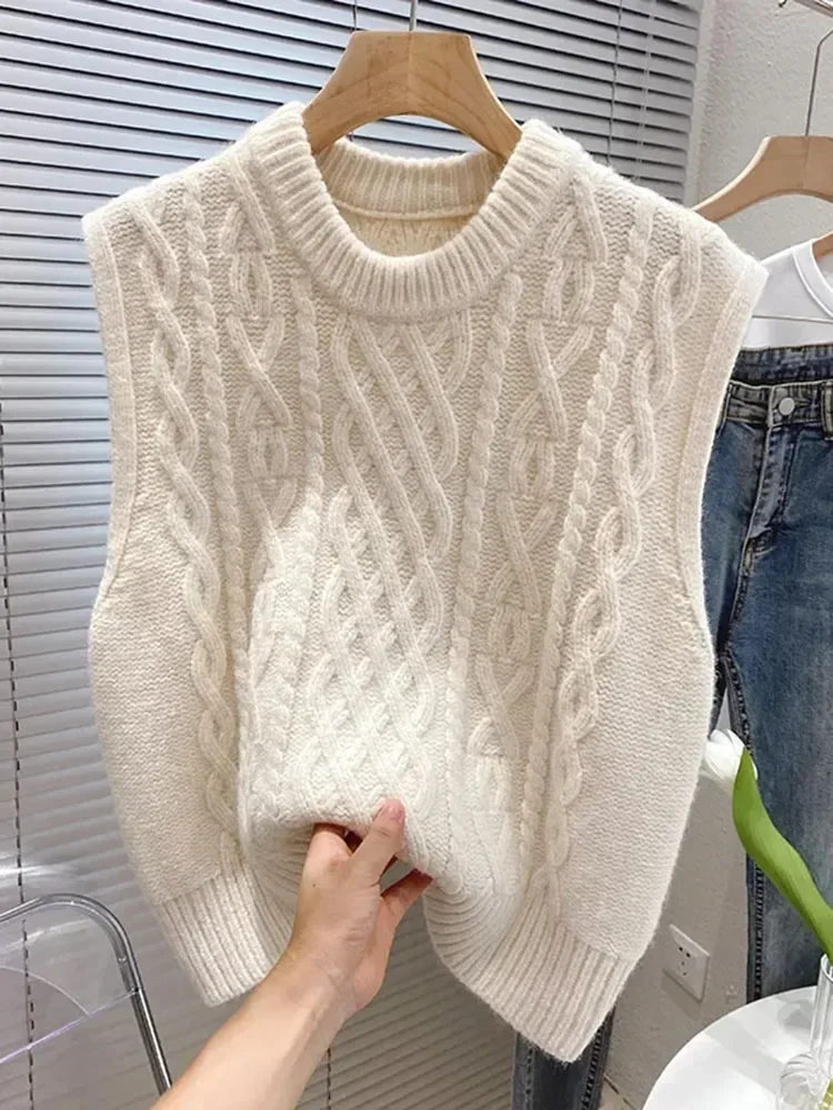 

Корейский женский свитер в стиле ретро без рукавов, кардиган, мягкий пуловер с круглым вырезом, утепленный Свободный вязаный жилет, топ на осень и зиму
