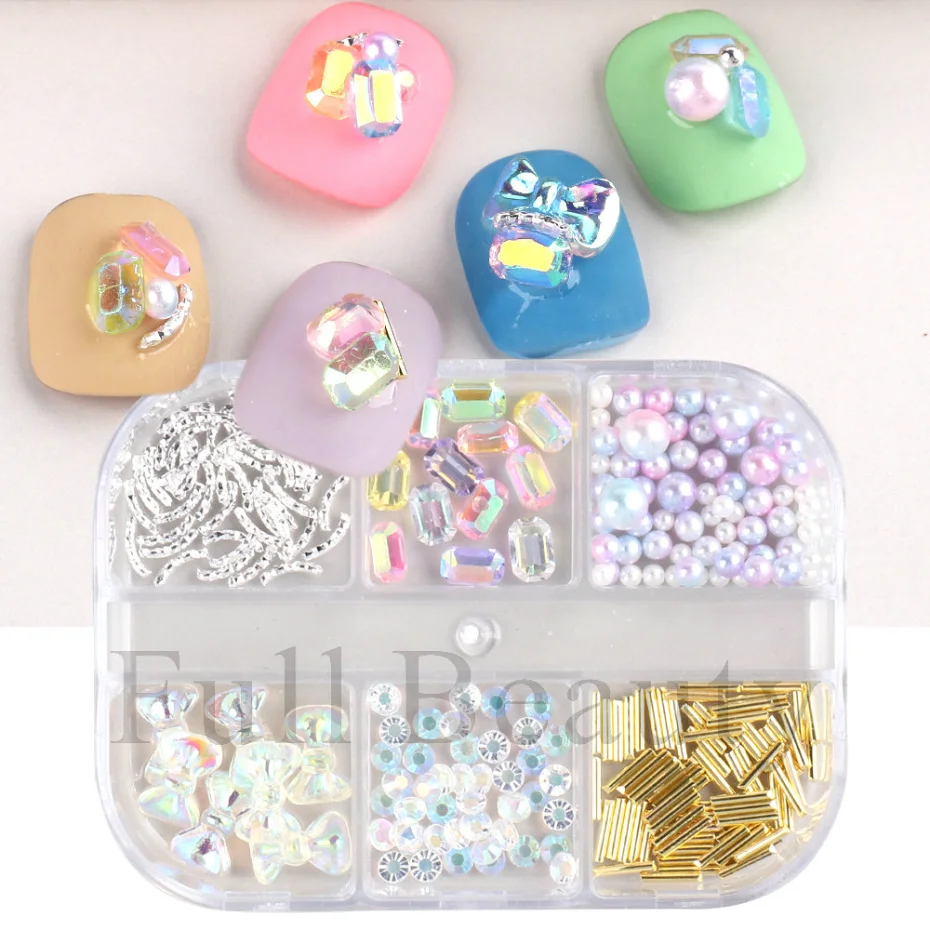 

6 Grid Nail Rhinestones Mermaid Crystal Glass Nail Art Decorations Shiny Sugar White Diamond Manicure Charms Accessories LAFXZ