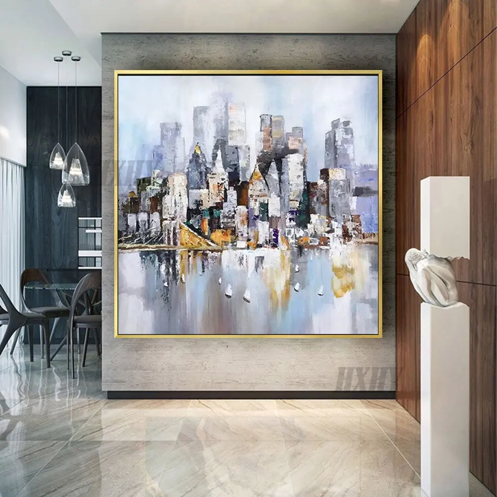 

Modern abstract home decoration painting Brooklyn cityscape hand-painted oil painting neon texture canvas picture salon wall art