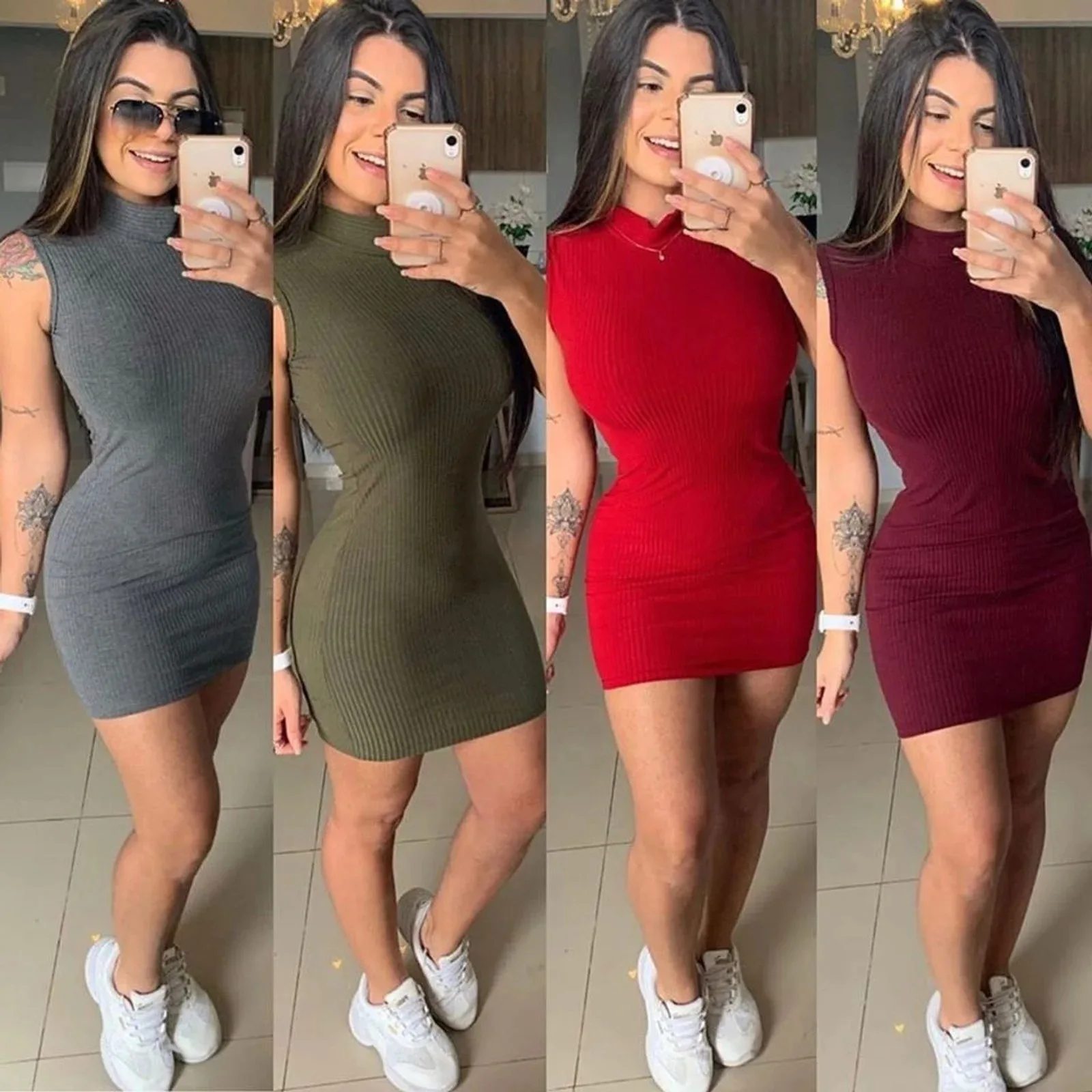 

European and American Style Women's Dress Small Stand Collar Slim Knit Thread Dress