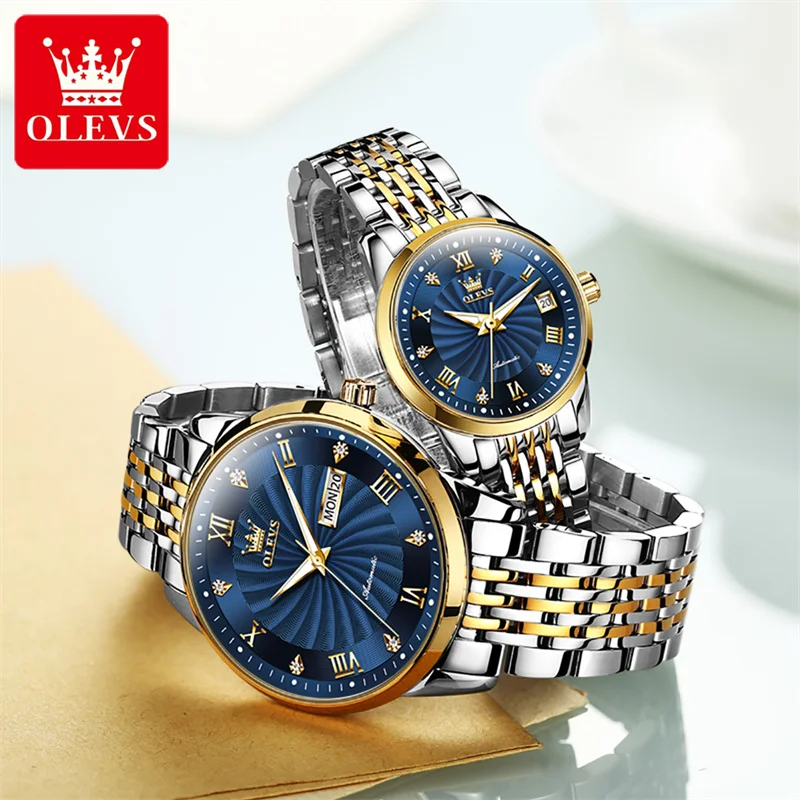 OLEVS Couple Watches Luxury Automatic Mechanical Watch Stainless Steel Waterproof Watches For Women Men Clock Couple Gift