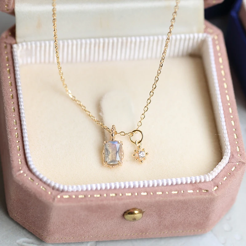 Женское Ожерелье из Лабрадорита С двойным кристаллом серебро 925 пробы