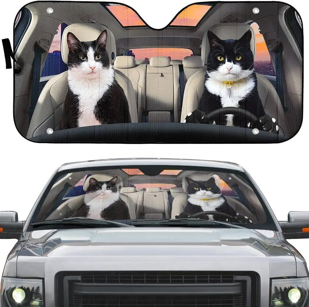 

Tuxedo Cat Couple Driving Car Sunshade at Sunset, Windshield Sunshade for Tuxedo Cat Lover Window Shade