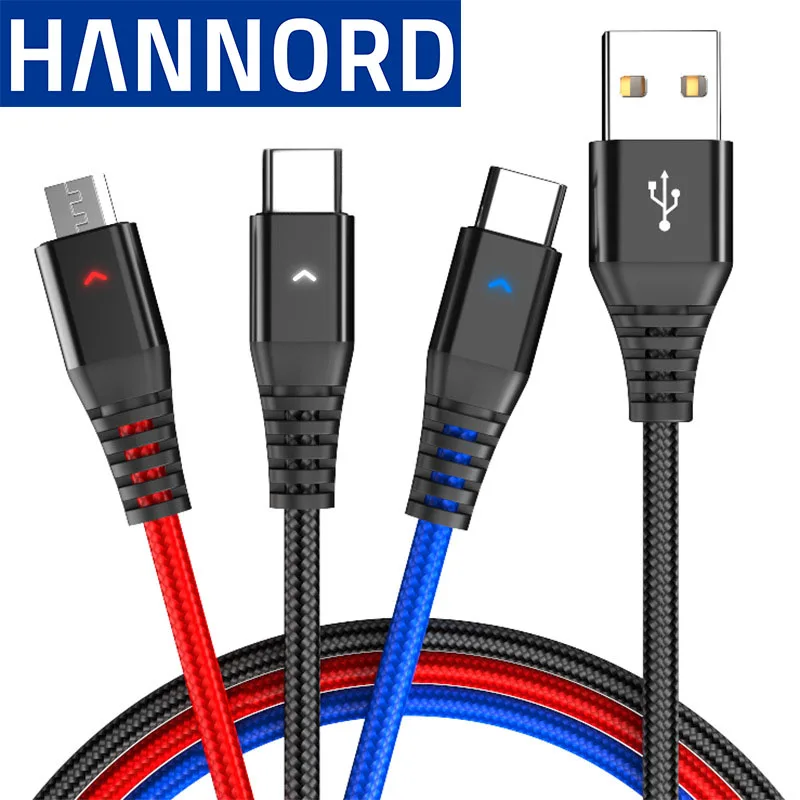 

Hannord cable portable 3 in 1 2.4A fastcharging cable with display fast charging for Micro USB Type C 8pin 3 in 1 cable