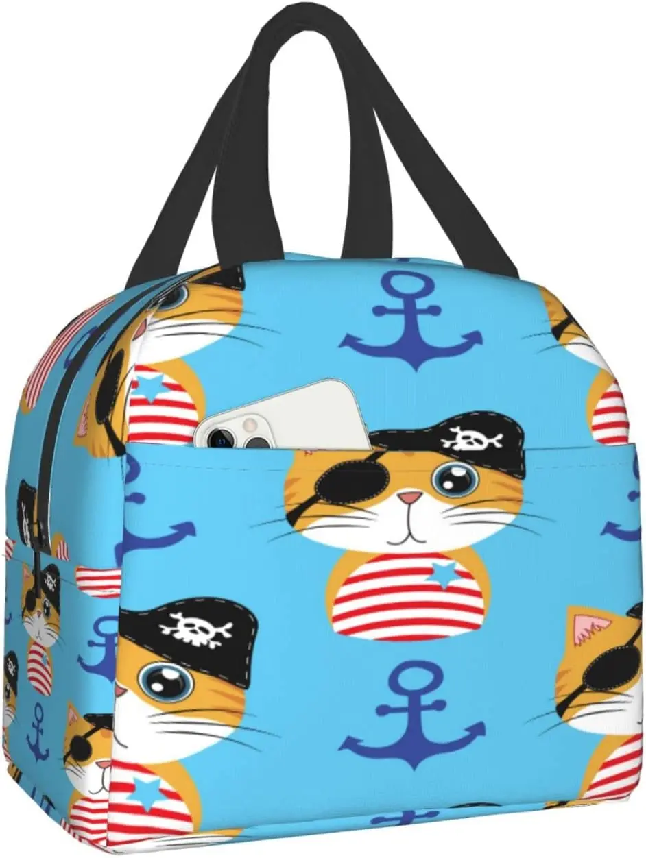 

Изолированные сумки для обеда с морским рисунком пиратского кота и якоря для женщин и мужчин, многоразовая сумка-тоут для обеда для работы, ...