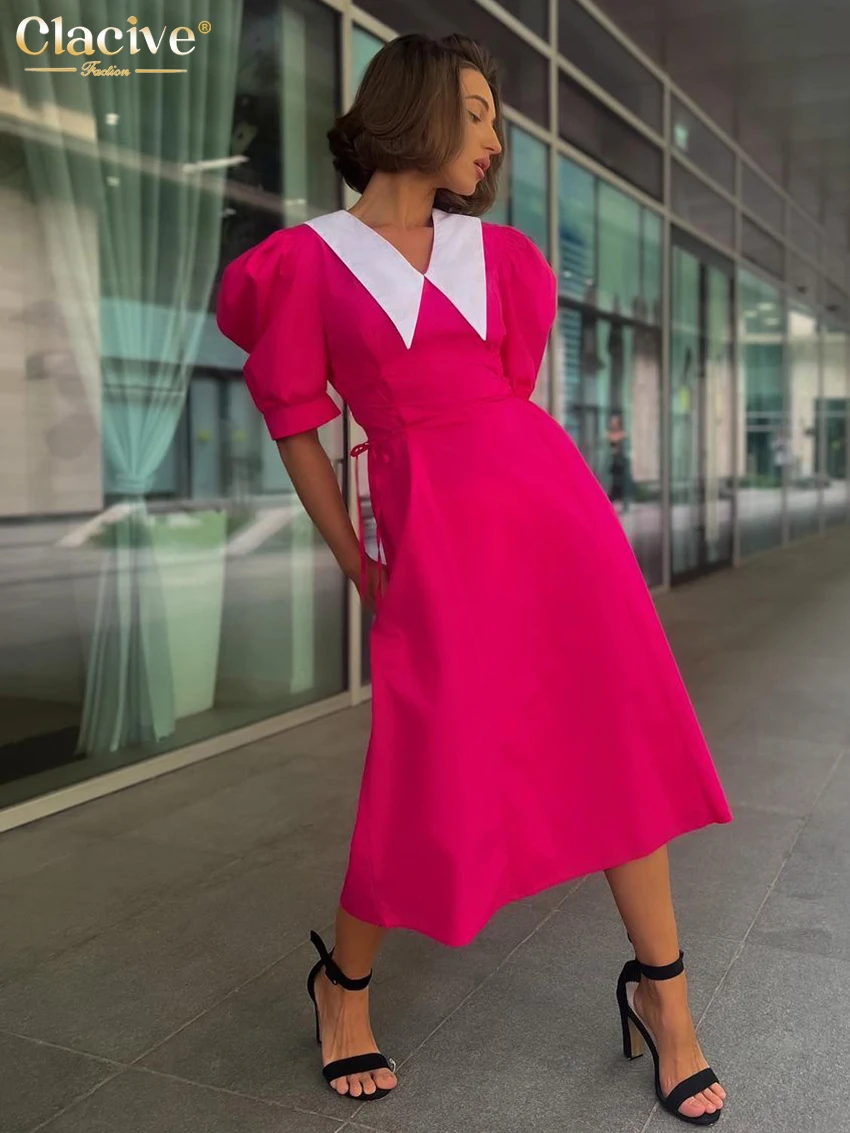 

Clacvie Summer Slim Pink Womens Dresses 2023 Fashion Lapel Short Sleeve Office Ankle-Length Dress Elegant Lace-Up Femlae Dress