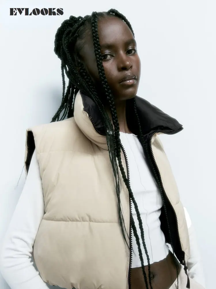 

EVLOOKS New In Cotton-padded Reversible Quilted Vest Water Repellent High Collar Adjustable Elastic Hem Femme Mini Tops 3427714