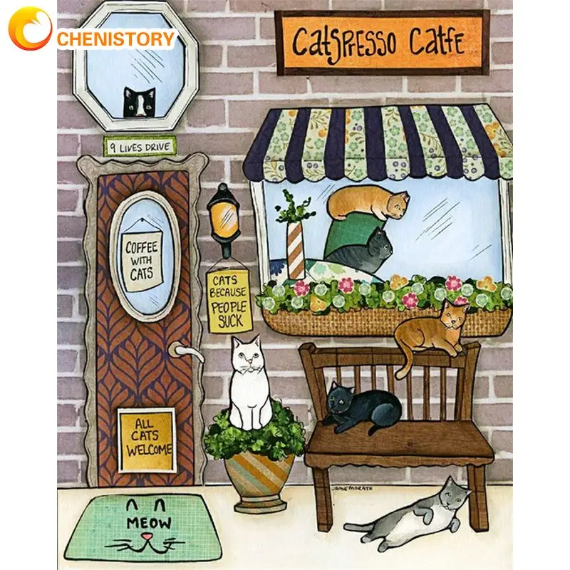 

CHENISTORY Acrylic Painting By Numbers For Handiwork Cartoon Cat Roomside Scenery Pictures On Number Home Decoration On Canvas