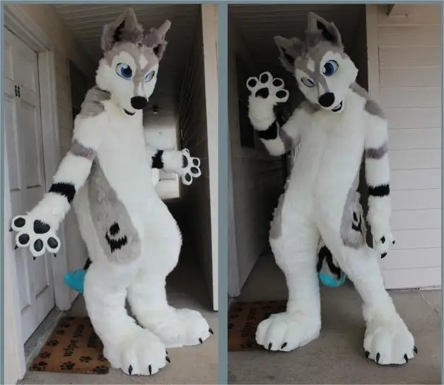 Длинный Меховой Пушистый Лисий Хаски костюм собаки талисман Взрослый мультяшный